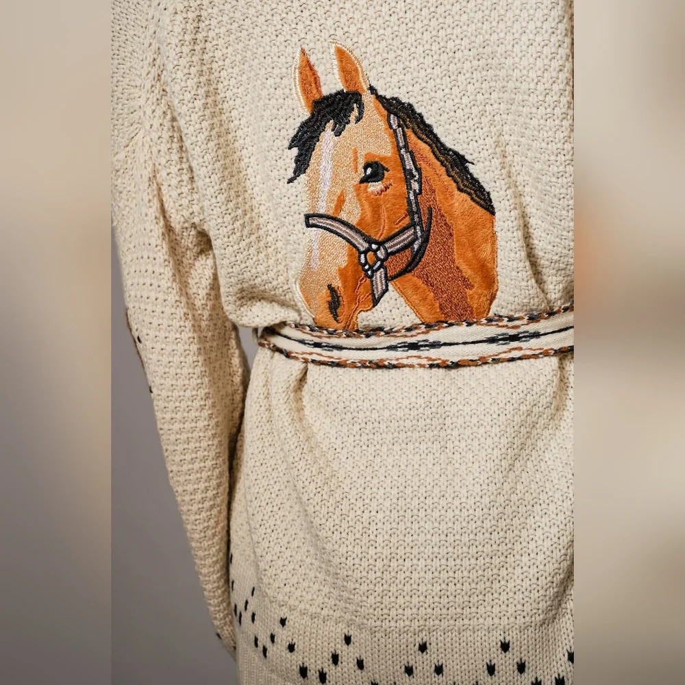 NWT Lucky And Blessed Western Embroidered Horse Belted Cardigan Sweater - Picture 4 of 11